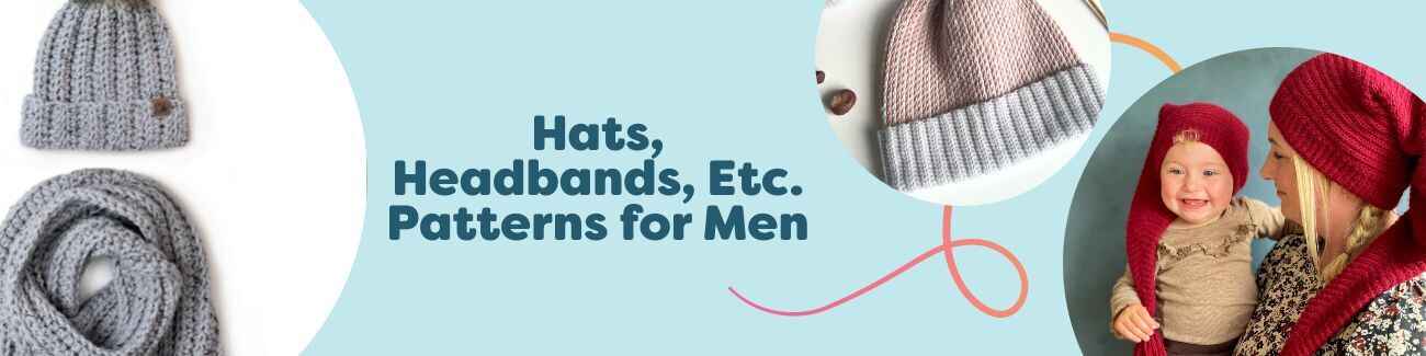 Men's knit and crochet pattern collection from Hobbii featuring beanies, ribbed headbands, scarves, and a Christmas pixie hat in neutral, wearable colors.