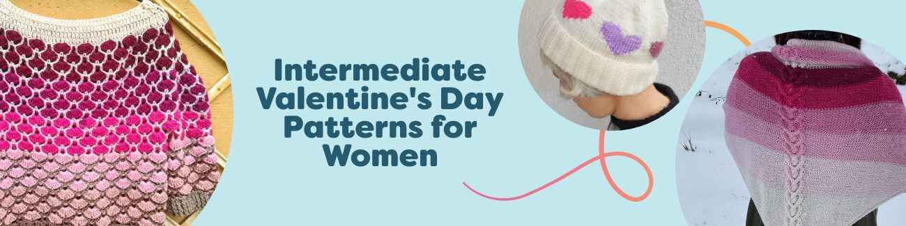 Hobbii collection of free intermediate Valentine's Day crochet patterns for women: heart-themed sweater, beanie, shawl, mini bags, and bag in pinks and reds.