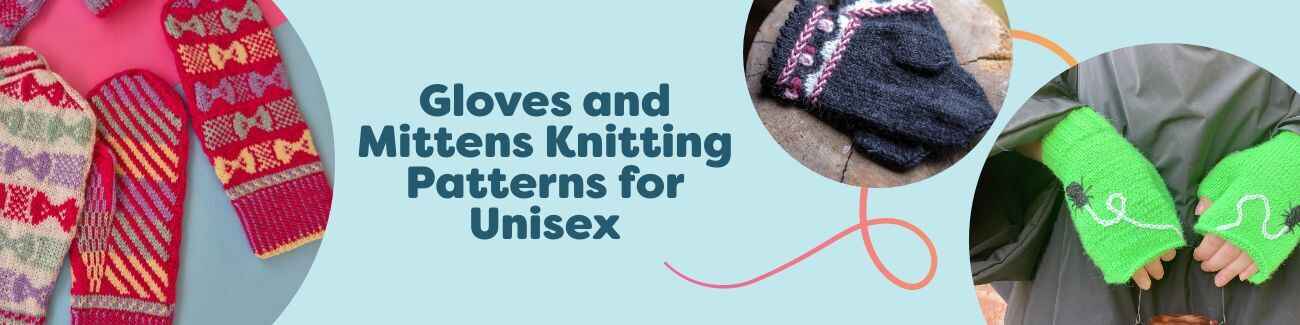 Assorted unisex hand-knit gloves and mittens laid out with yarn skeins, showcasing free knitting patterns from Hobbii.