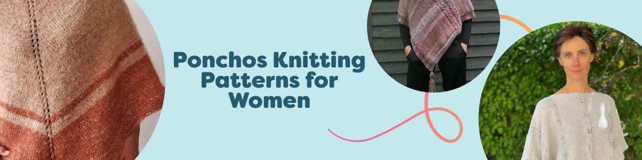 Women wearing hand‑knitted ponchos in lace, cable, and simple styles, shown with Hobbii yarns in neutral and bright tones.