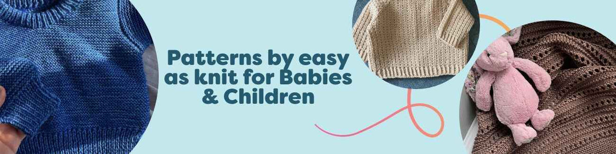 Assorted baby and children knit and crochet patterns by easy as knit from Hobbii, featuring sweaters, pants, bonnets, and blankets in soft pastel yarns.