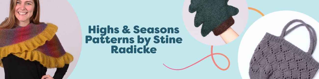 Free Highs & Seasons patterns by Stine Radicke at Hobbii featuring a shawl, felted grill mitt, beach bag, mittens, and headband in seasonal colors.