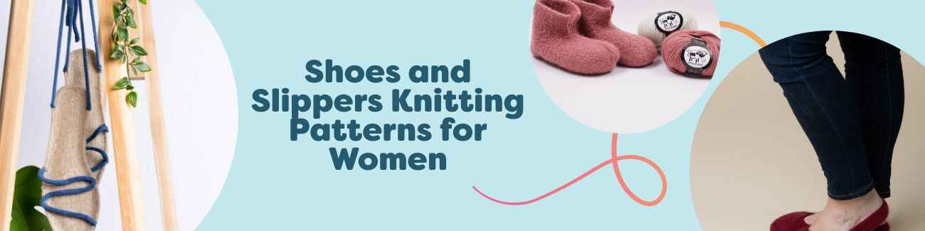 Collection image showing free women's shoes and slippers knitting patterns from Hobbii: espadrilles, felted slippers, and ballerina designs.