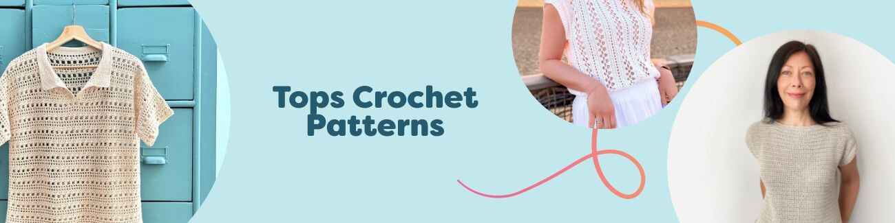 Grid of crochet tops—tees, tanks, and lace styles—made with Hobbii yarn, modeled in assorted sizes and colors.