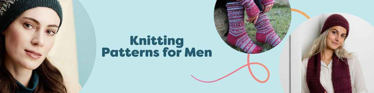Free men's knitting patterns collection featuring a beanie, Norwegian-pattern socks, and a matching hat-and-scarf set in neutral yarns.