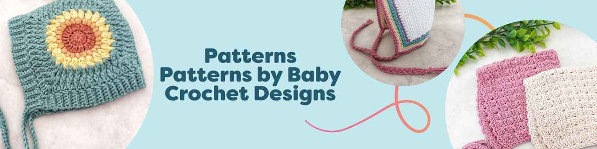Collage of free baby crochet patterns by Baby Crochet Designs—bonnets, a beanie, and a rainbow children’s cardigan from Hobbii.