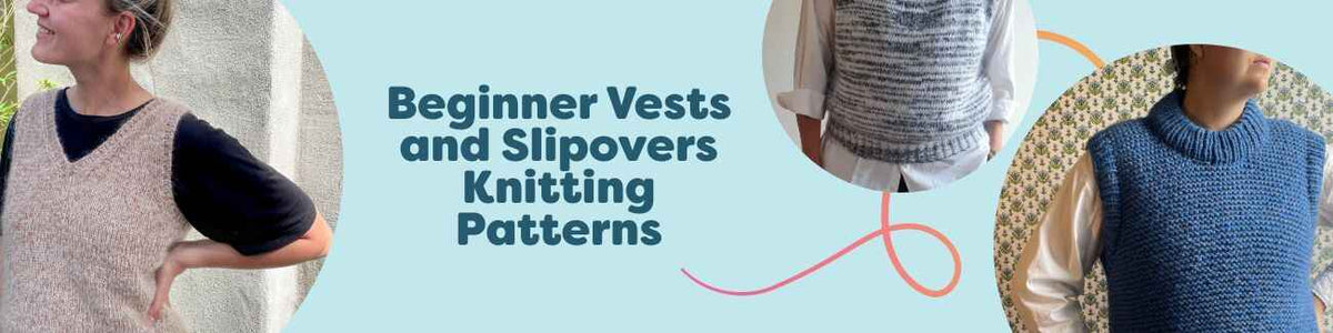 Flat lay of beginner-friendly knitted vests and slipovers in soft yarns from Hobbii.
