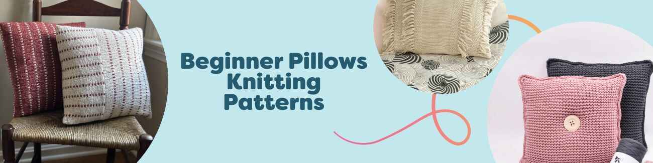Stack of hand-knit pillows in garter stitch, cedar stitch, and Nordic motifs on a sofa, made with Hobbii yarns — free beginner pillow knitting patterns.