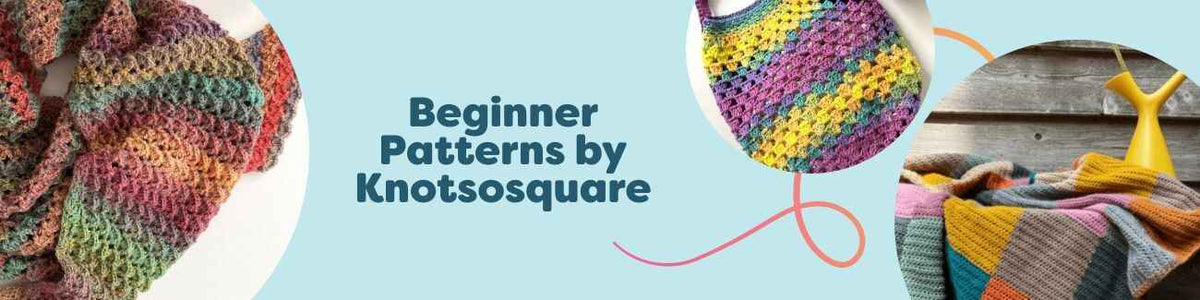 Beginner crochet patterns by Knotsosquare featuring a shawl, market bag, blanket, gift bag, and sweater made with Hobbii yarn in soft, modern colors.