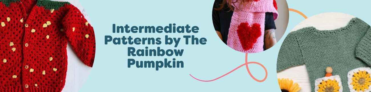 Intermediate crochet patterns by The Rainbow Pumpkin featuring children's sweaters, a cardigan, and a scarf in cheerful colors made with Hobbii yarns.