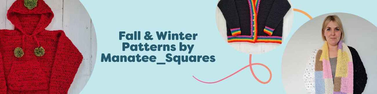 Fall & winter patterns by Manatee_Squares: children’s hoodie, cardigan, vest, and infinity scarf styled with cozy Hobbii yarns.