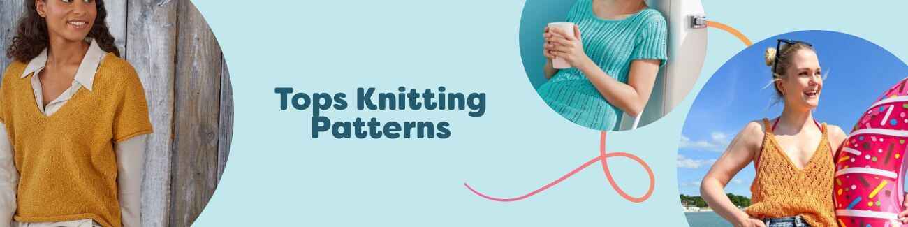 Collage of free tops knitting patterns from Hobbii, featuring vests, tanks, summer tees, and lightweight pullovers in breathable cotton yarns.