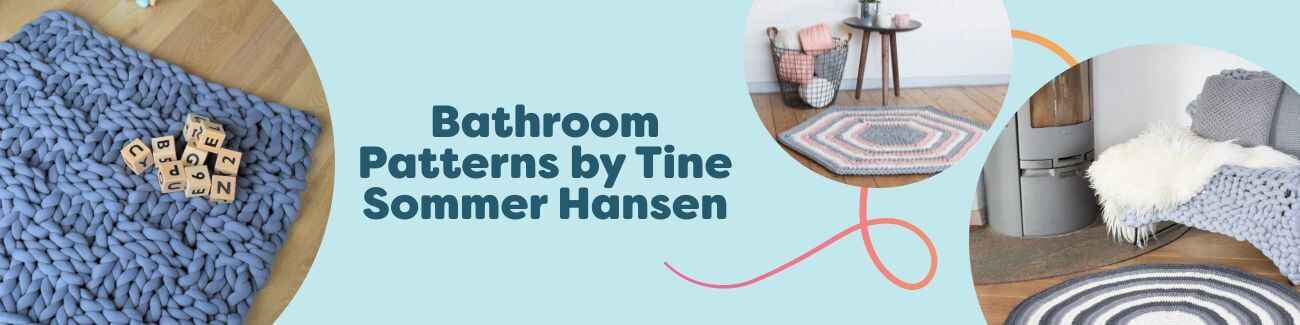 Bathroom crochet patterns by Tine Sommer Hansen with ribbon bathroom mats, round rugs, and an owl rug—colorful projects for intermediate crocheters from Hobbii.