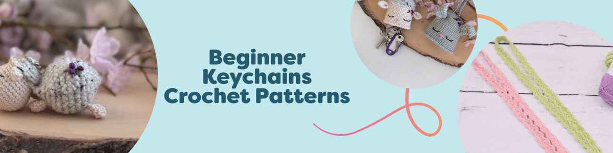 Crocheted keychains for beginners: a sleepy sheep, bunny key covers, and colorful lanyard keyhangers displayed with keys and yarn.