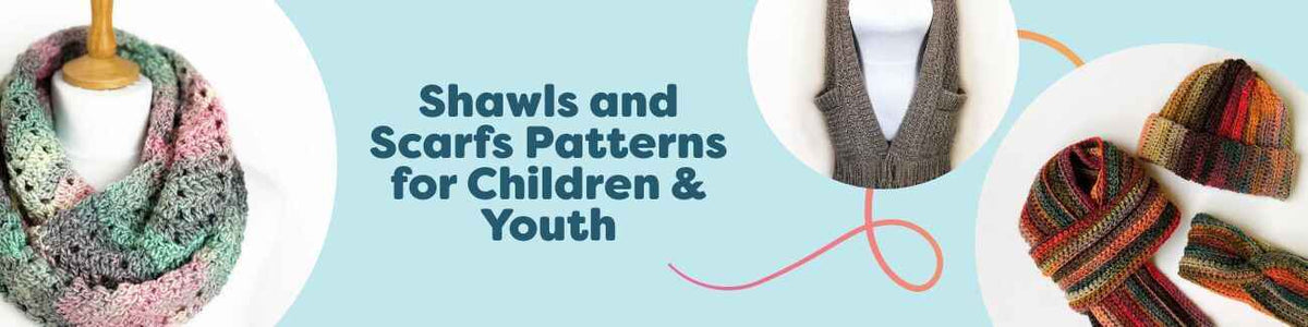 Children and teens wearing handmade crochet and knit shawls and scarves in bright yarns, showcasing sizes and styles from Hobbii's kids pattern collection.