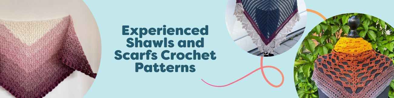 Collection image showing experienced-level crochet shawls and scarves made with Hobbii yarn, styled with hooks and skeins in neutral and jewel tones.