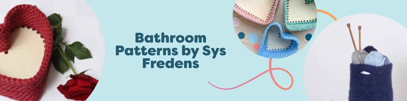 Bathroom patterns by Sys Fredens: crocheted heart baskets (set of 3), a tall storage basket, and a hand towel styled together in a calm, spa-like room.