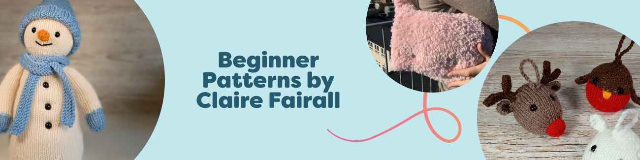 Claire Fairall beginner crochet patterns: snowman, pumpkin house, autumn acorns, simple bag, and festive ornaments styled with Hobbii yarn.