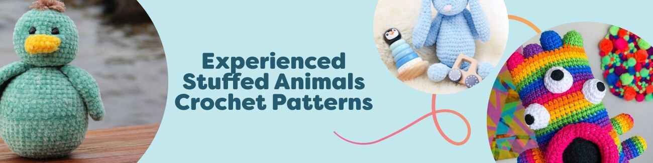 Assorted crocheted stuffed animals—bunnies, monsters, and sea-life—made with Hobbii yarns, representing free experienced amigurumi patterns.