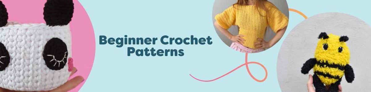 Collage of free beginner crochet patterns from Hobbii featuring simple scarves, granny squares, amigurumi, baskets, and home decor made with soft yarns.