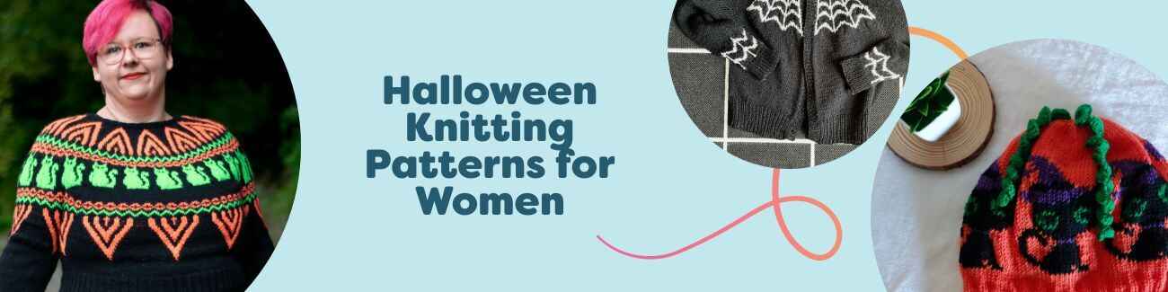 Collection image of Halloween knitting patterns for women by Hobbii: cat sweater, spooky vest, hooded cat cape, and black cats hat in fall colors.