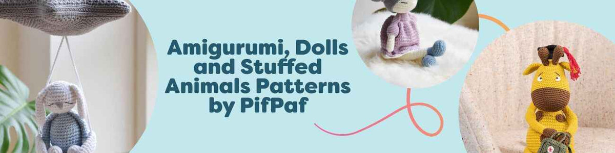 Amigurumi crochet patterns by PifPaf from Hobbii featuring a doll, penguin, giraffe, piglet, and a star mobile made with soft yarns.