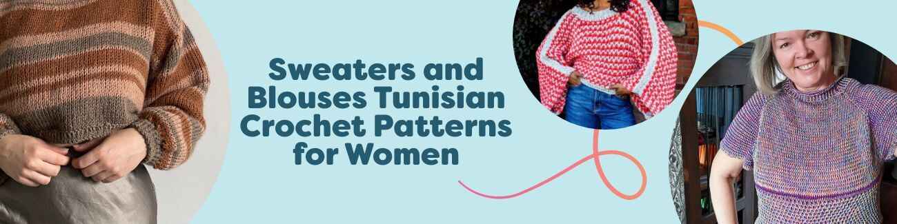 Collage of women wearing Tunisian crochet sweaters and blouses in neutral tones, showcasing intermediate garment patterns by Hobbii.