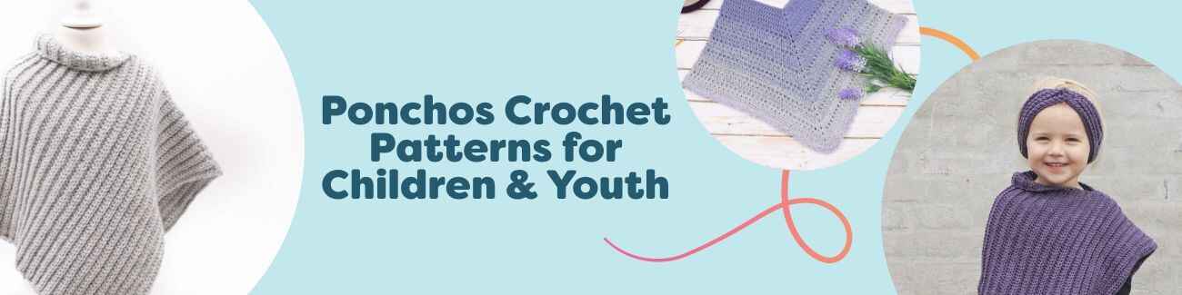 Assorted children’s and youth crochet ponchos in bright colors on child models, representing free kids’ poncho patterns from Hobbii.