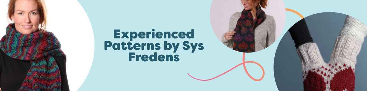 Collection image for Experienced Patterns by Sys Fredens at Hobbii, featuring scarves, mittens, and sweaters with textured stitches, colorwork, and English rib.