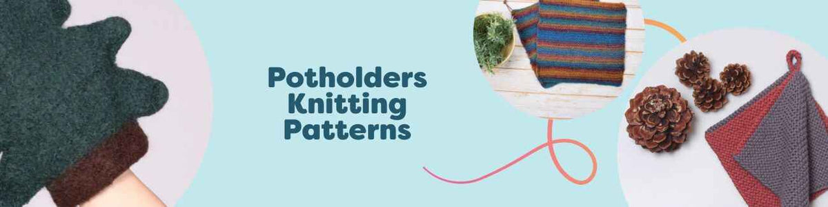 Assorted free knitted potholders and a grill mitt in wool and cotton, including felted and Christmas designs from Hobbii.