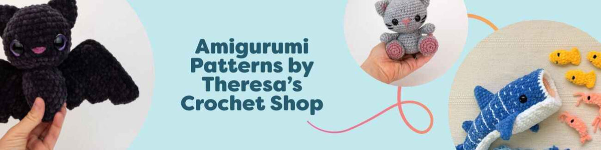 Collection of cute amigurumi animal crochet patterns by Theresa’s Crochet Shop—bat, kitten, whale shark, elephant, and mega ray—paired with colorful Hobbii yarn.