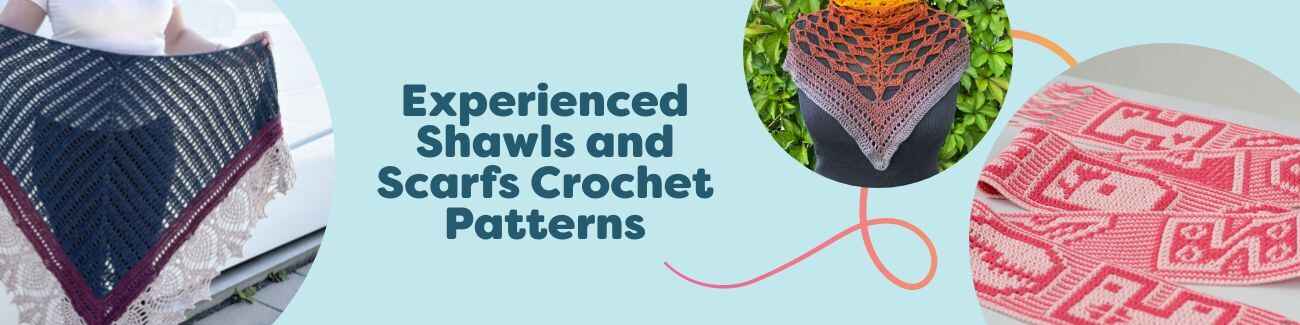 Assorted crochet shawls and scarves from Hobbii’s free experienced patterns, featuring lacy wraps and textured scarves beside yarn skeins.