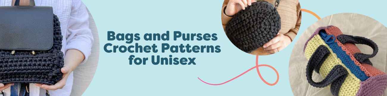 Assorted crocheted unisex bags—backpack, belt bag, and duffel—made with Hobbii yarns; free crochet patterns collection.