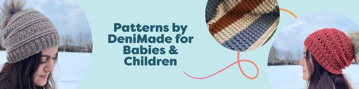 Collage of DeniMade baby and kids crochet patterns from Hobbii, including beanies, a blanket, and a holiday hat in soft, child-friendly yarns.