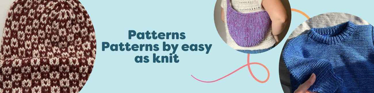 Selection of easy as knit patterns from Hobbii: beanie, cardigan, baby sweater, bag, and ruffle socks in soft yarns.