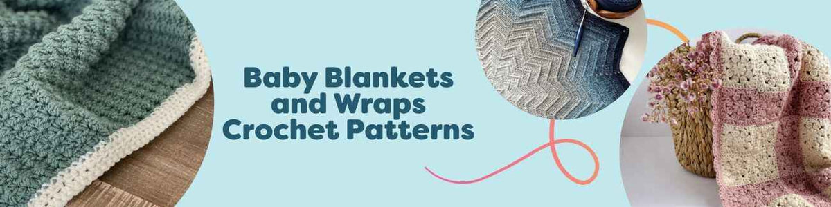 Crochet baby blankets and wraps in soft pastels—granny squares, star and sedge stitch textures—styled with Hobbii yarn skeins and a crochet hook.