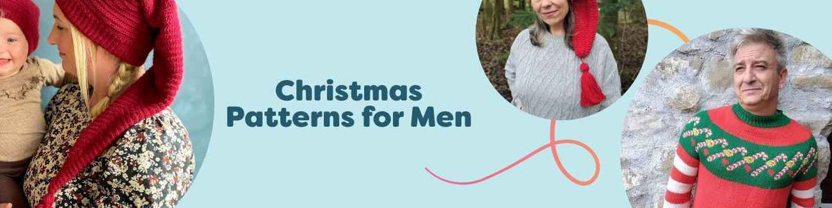 Men wearing festive knitted Christmas sweaters and Santa-style hats made from Hobbii patterns, featuring knitting and intermediate crochet designs.