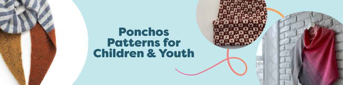 Colorful knit and crochet ponchos for children and youth shown on kids of different ages, featuring hooded and buttoned styles; free patterns from Hobbii.