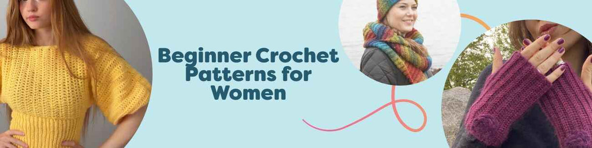 Assorted free beginner crochet patterns for women from Hobbii: simple top, scarf, mittens, and tote bag made in soft yarns.