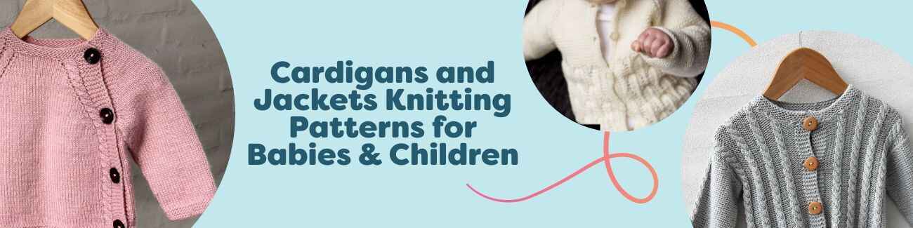 Selection of free cardigan and jacket knitting patterns for babies and children from Hobbii, featuring cables, lace flounces, and buttoned styles.