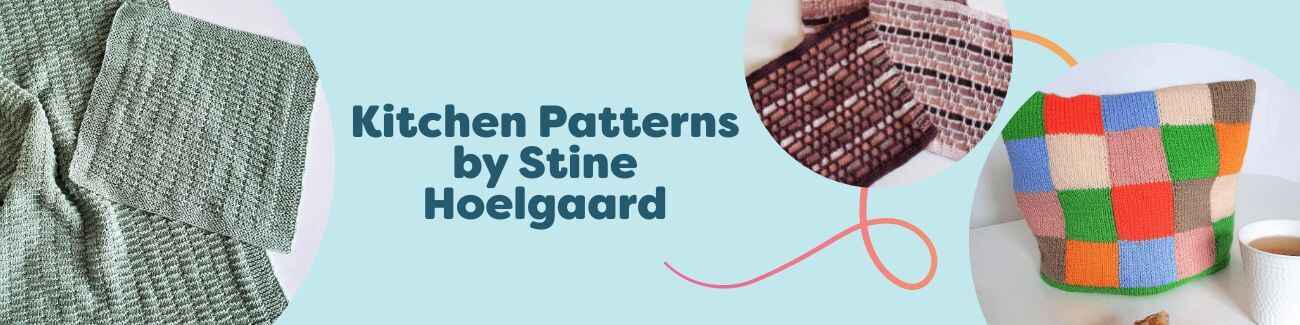 Collection image showing three kitchen crochet patterns by Stine Hoelgaard from Hobbii: dishcloths with a matching towel and a tea cozy in Scandinavian style.