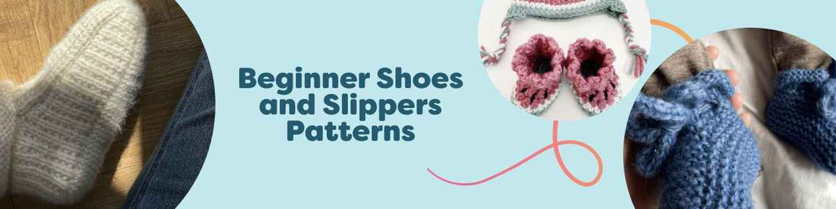 Collection image showing beginner-friendly knit and crochet shoes, slippers, and baby booties from Hobbii in soft, cozy yarns and simple stitches.