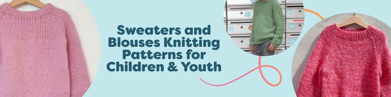 Kids wearing hand-knit sweaters and blouses in various colors and textures, representing Hobbii children’s and youth knitting pattern styles.