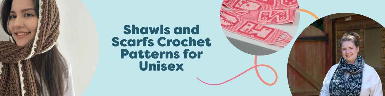 Assorted crocheted shawls and scarves in neutral and bright tones—free unisex patterns by Hobbii, suitable for beginner to intermediate makers.