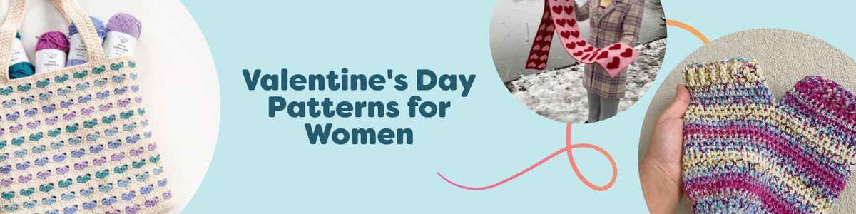 Valentine’s Day patterns for women from Hobbii featuring heart‑motif scarves, shawls, mittens, and phone bags in red and pink yarn, styled as giftable accessories.