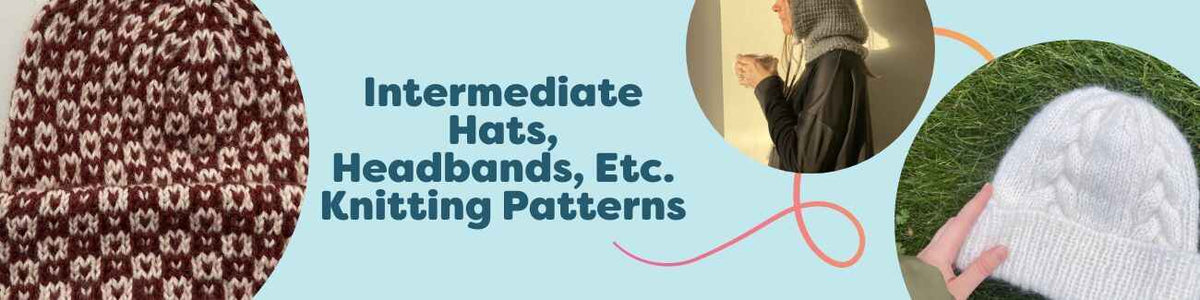 Assorted intermediate knitting patterns for hats, headbands, beanies, balaclavas, and hoods by Hobbii, shown with yarn and finished samples.