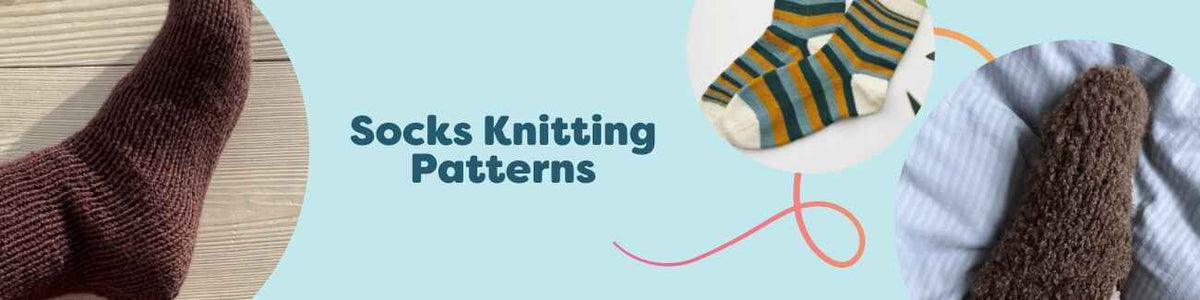 Assorted knitted socks in various colors and textures (rib, lace, cables) arranged with Hobbii yarn and knitting needles.