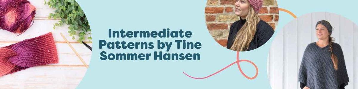 Selection of intermediate crochet patterns by Tine Sommer Hansen for Hobbii - headband, tweed hat, poncho, and home decor trays and rugs.