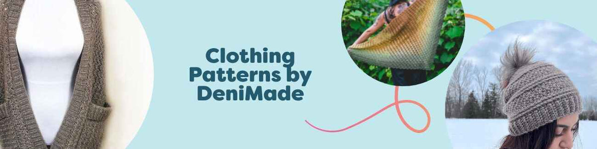 Collection image featuring DeniMade clothing crochet patterns from Hobbii—pocket shawl, shawl, beanie, and kerchief styled with soft yarns.