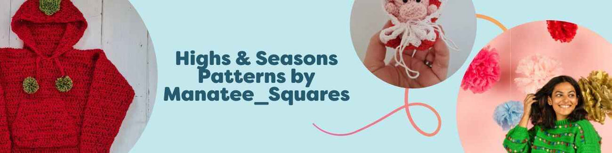 Highs & Seasons collection by Manatee_Squares featuring colorful children’s sweaters, a cardigan, a hoodie, and a pig-in-a-blanket toy pattern for intermediate makers.